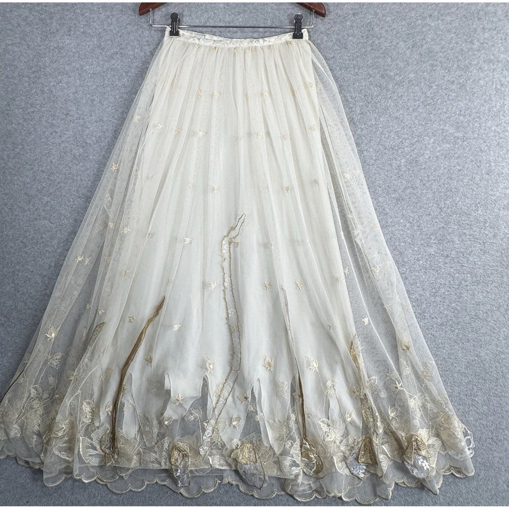 Whimsical Fairycore Ethereal Tulle Maxi Skirt XS Cream Gold Embroidered Bridal - Picture 2 of 16